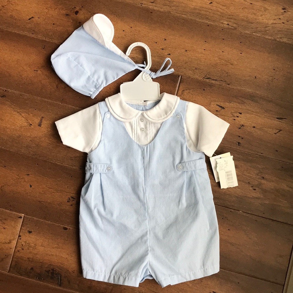 Petit Ami checked romper with hat.